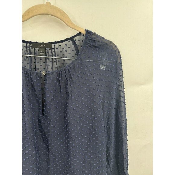 J. Crew Blouse Women 2 Navy Blue Sheer Swiss Dot Long Sleeve Preppy Keyhole Neck - Picture 6 of 8